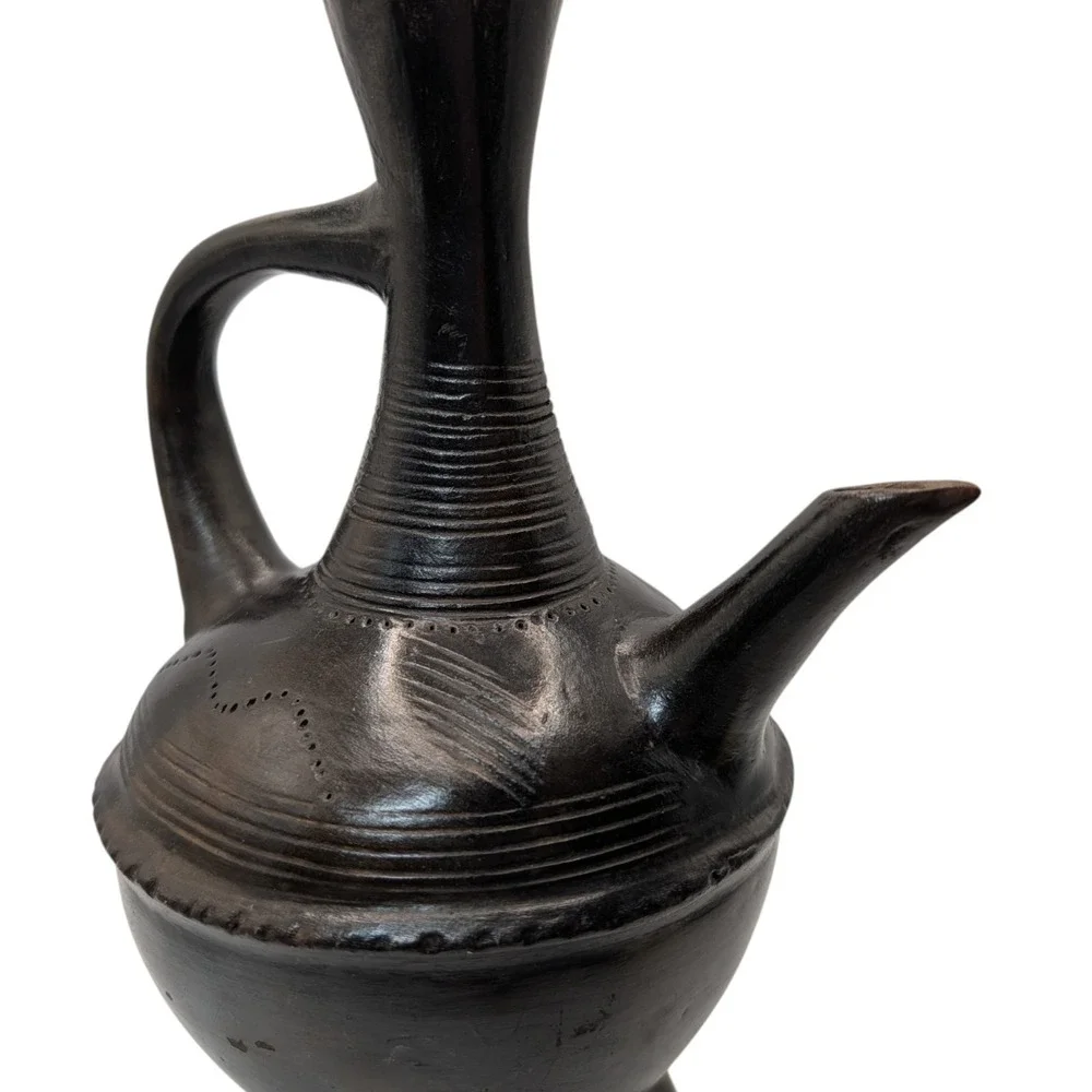 Vintage Ethiopian Jebena Pot Handmade with Stand Black Clay Coffee Pot Two Piece